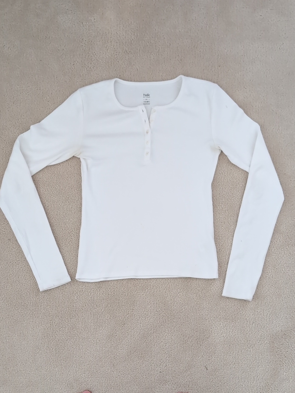 twik White Long-Sleeve Henley Ribbed Top